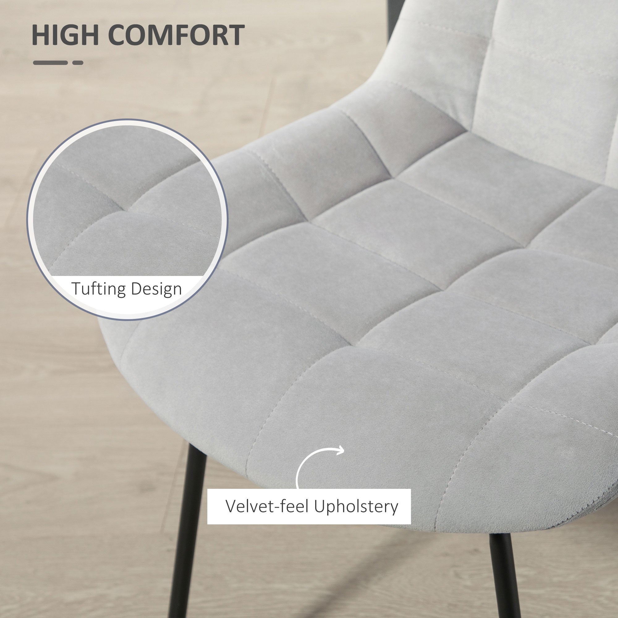 HOMCOM 2 Pieces Dining Chairs, Set of 2 Upholstered Kitchen Chairs with Padded Seat and Steel Legs for Living Room Light Grey