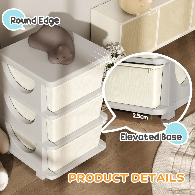 Qaba 3 Tier Kids Toy Organizer and Storage Bins with 3 Plastic Drawers, Cream White