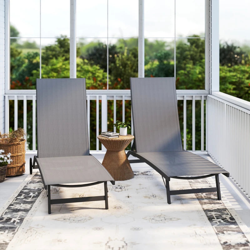 Outdoor Lounge Chair Set of 2, Tanning Chair with Wheels, Breathable Mesh for Patio, Backyard, Poolside, Dark Grey