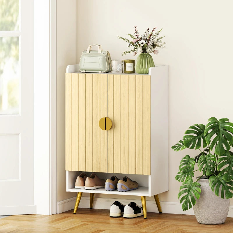 Entryway Shoe Storage Cabinet, Narrow Shoe Cabinet with Adjustable Shelves and Open Shelf for 15 Pairs of Shoes, Natural