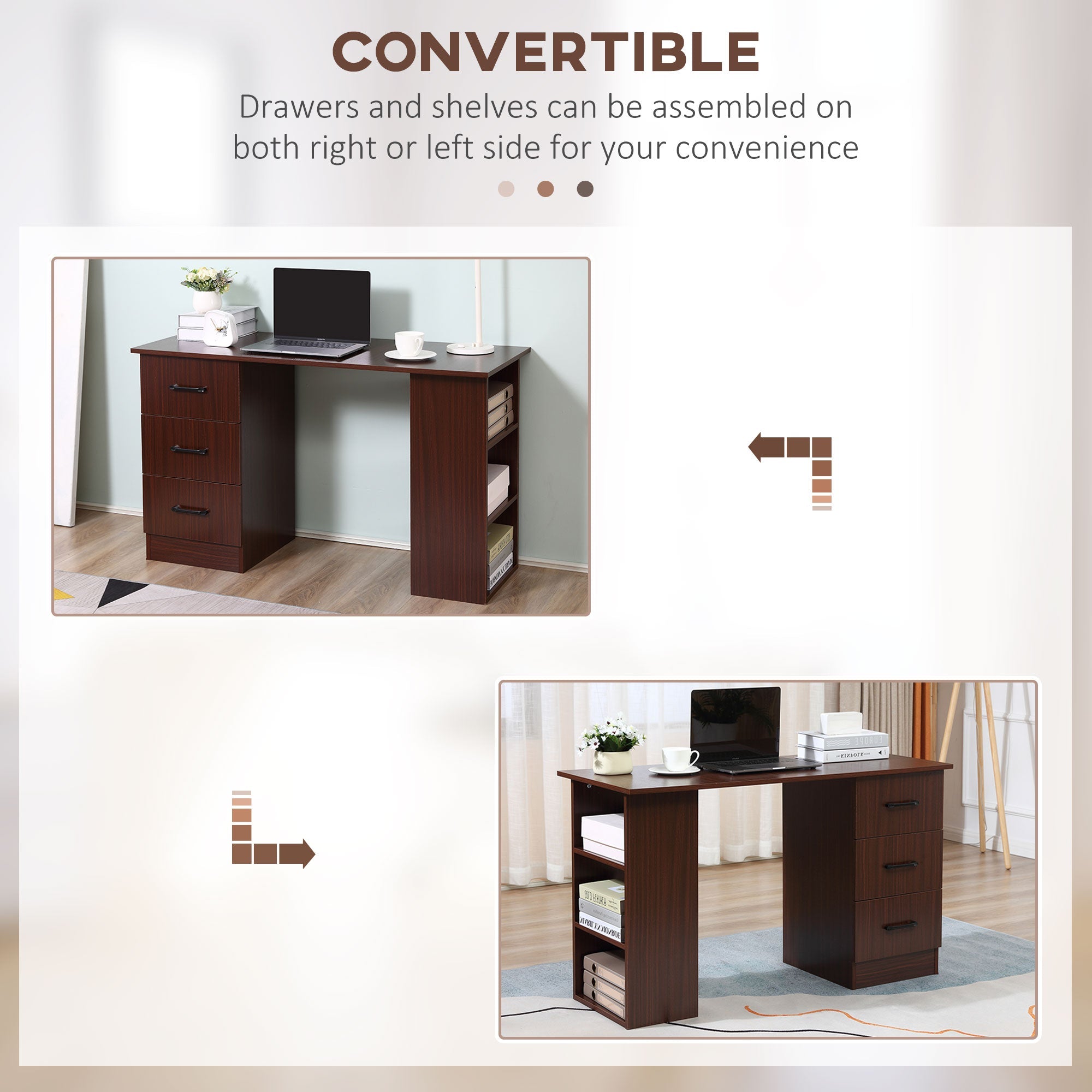 HOMCOM 47" Walnut Home Office Desk with 3-Tier Storage Shelves & Drawers - Elegant Study Writing Table