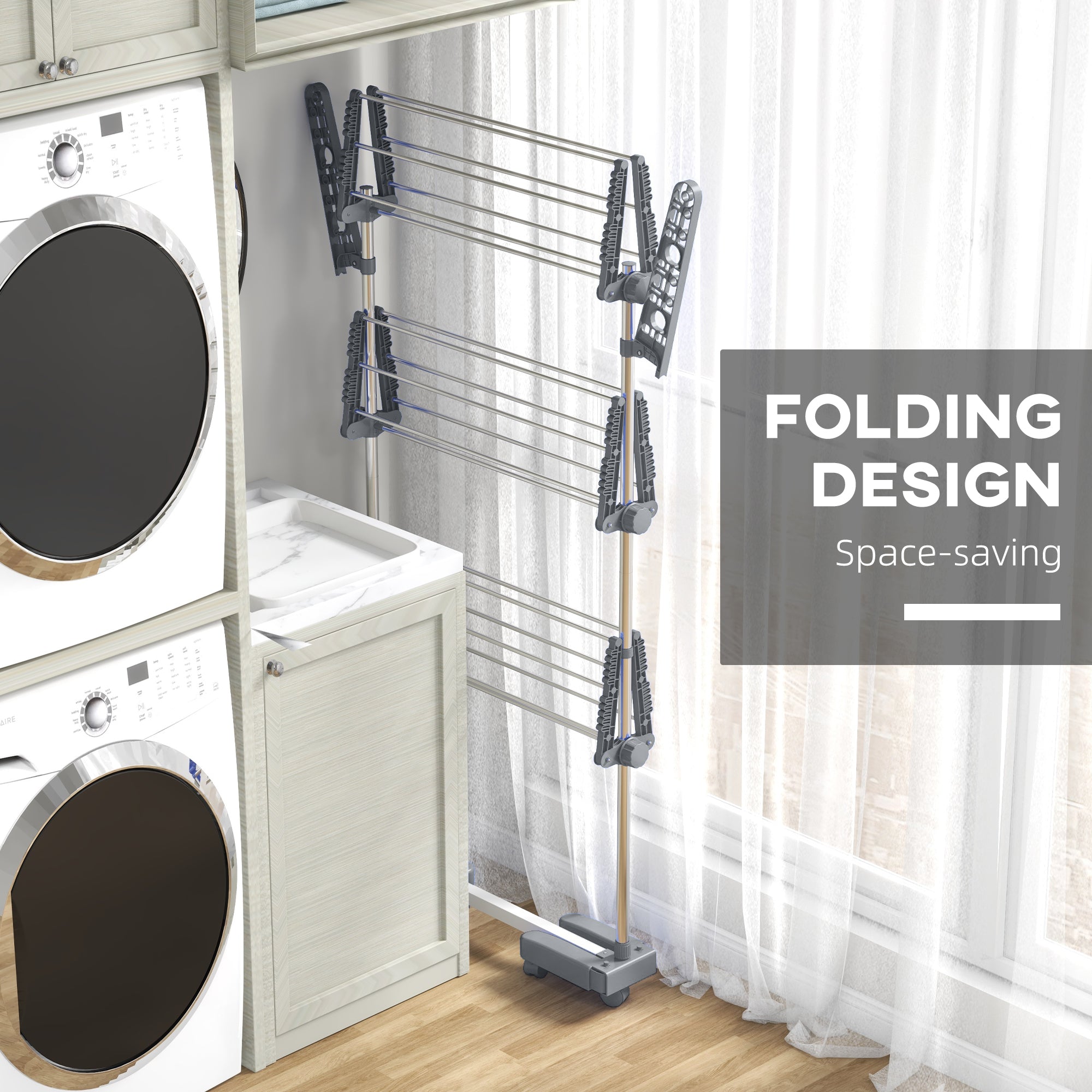 HOMCOM Laundry Rack Drying 3 Layers Stainless Steel Foldable Clothes Airer with Side Wings 6 Castors Grey