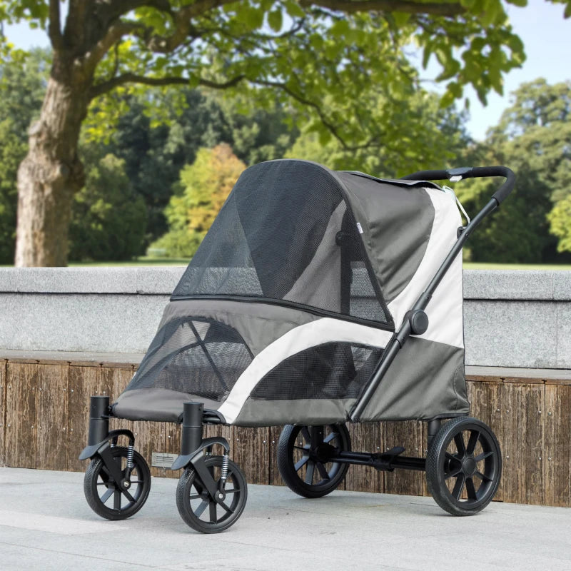Foldable Pet Stroller for Large Dogs with Four Big Wheels, Shock-Absorbing Frame, Safety Leashes, Brakes, Dark Grey
