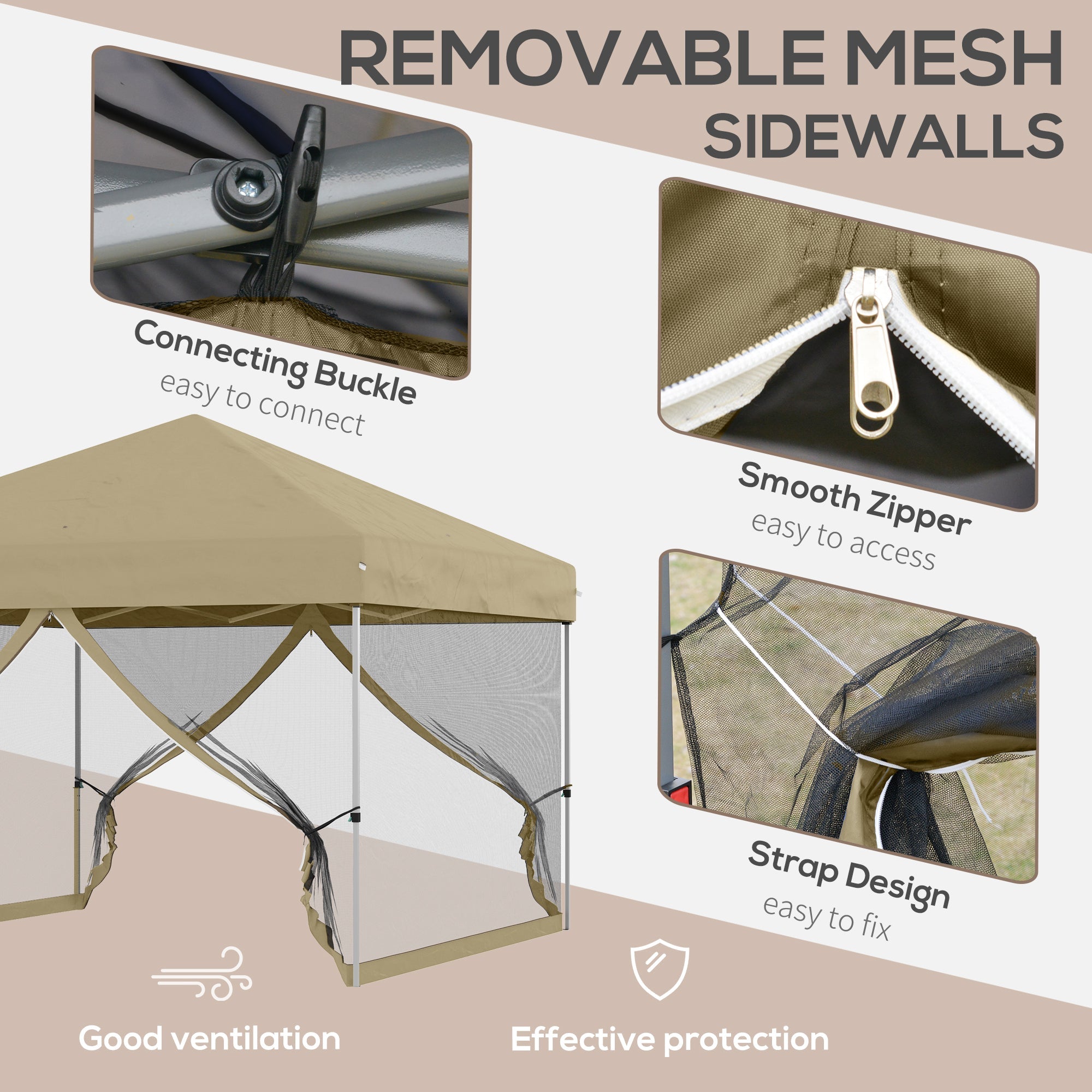 Outsunny 10' x 10' Pop-Up Party Tent Outdoor Canopy Tent with Mesh Sidewalls, 3-Level Adjustable Height, Roller Bag, Khaki