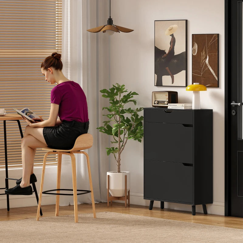 Narrow Shoe Cabinet for Entryway with 2 Flip Drawers, Top Drawer and Adjustable Shelves for 12 Pairs of Shoes, Black