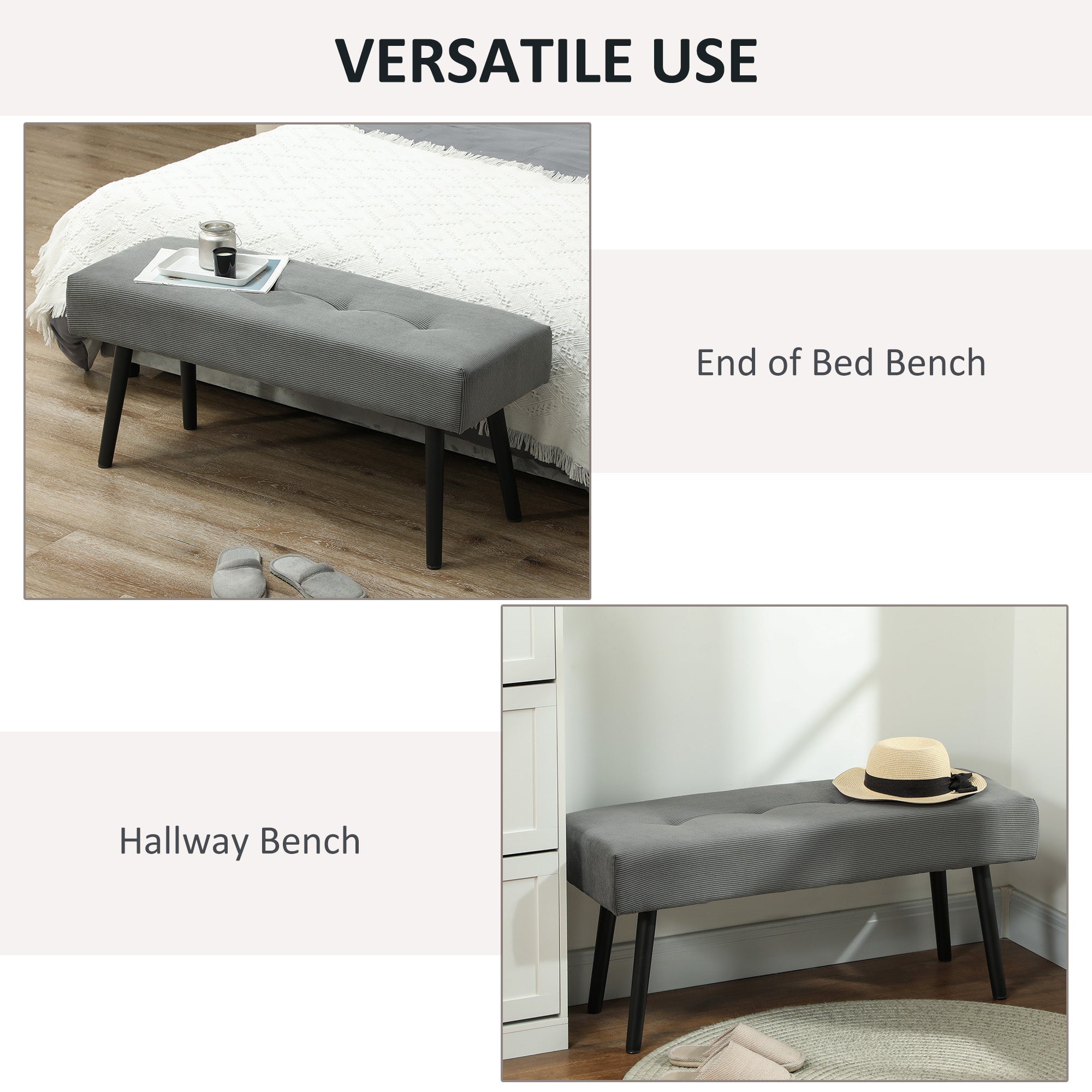 HOMCOM 39" Upholstered Ottoman Bench, Corduroy Entryway Bedroom Bench with Padded Seat and Steel Legs for Bedroom, Grey