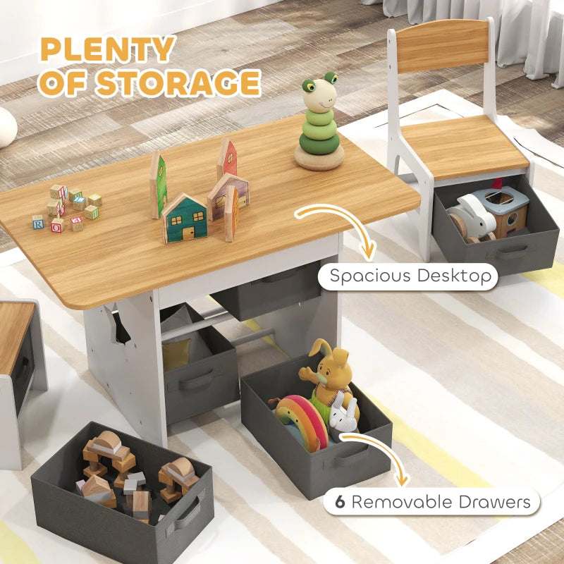 Qaba 3 Piece Kids Table and Chair Set with 6 Removable Drawers, for Classroom, Living Room, Bedroom, Nursery, Natural