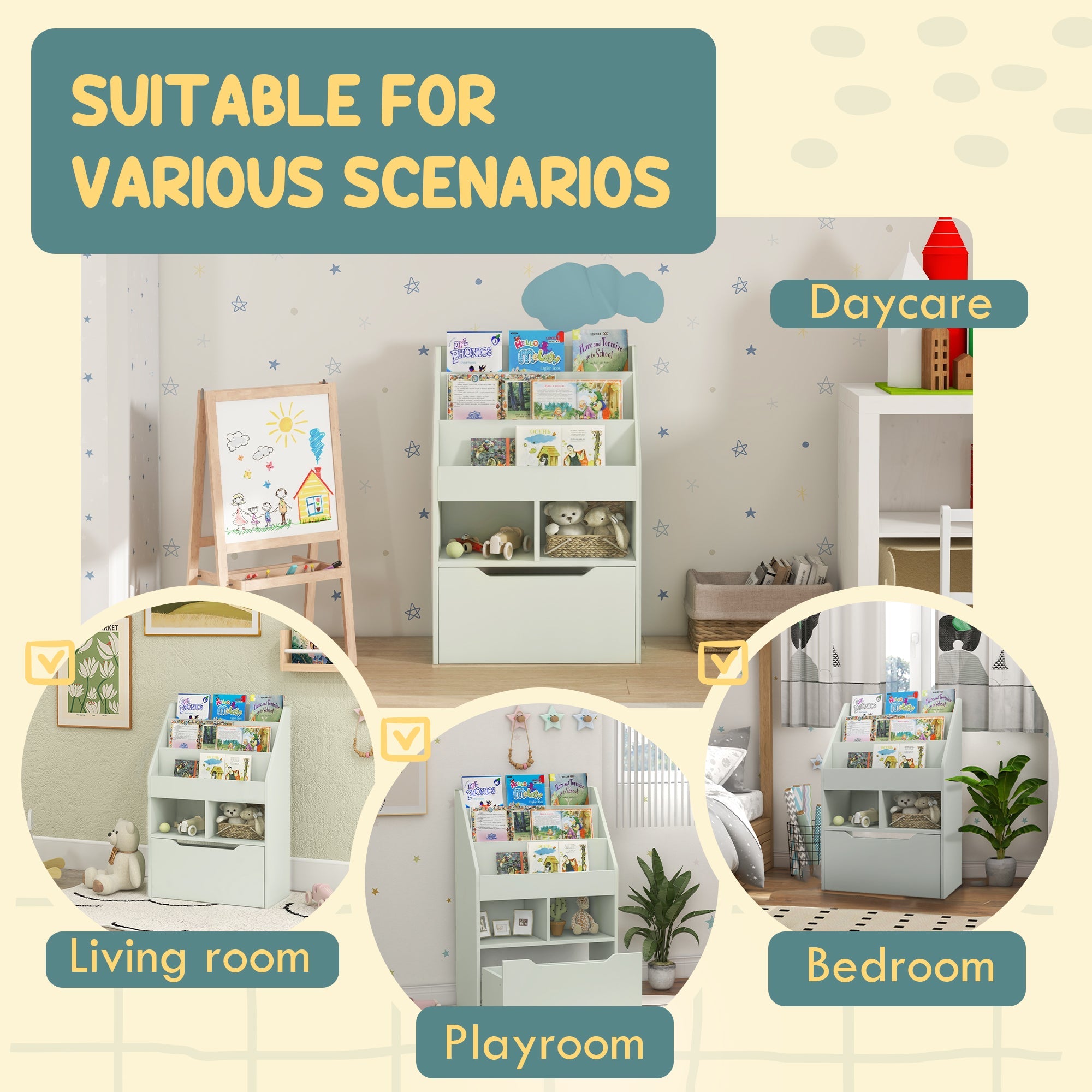 HOMCOM Kids Bookcase with Storage Drawer for Books, Reading Nook, for Classroom, Bedroom, Playroom, Green