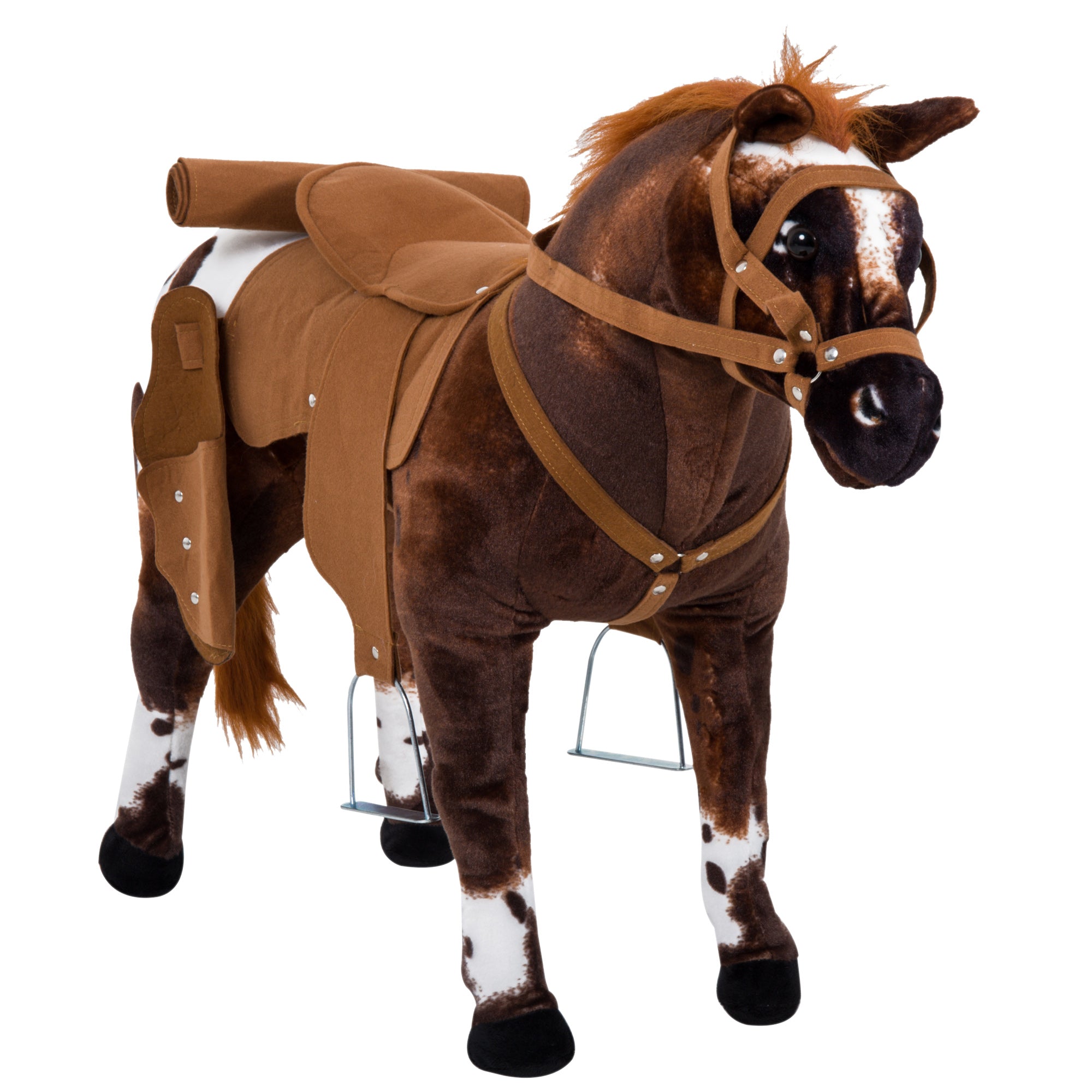 Qaba Plush Standing Ride-On Pony for Kids - Brown Cowboy Horse Toy with Neighing Sound