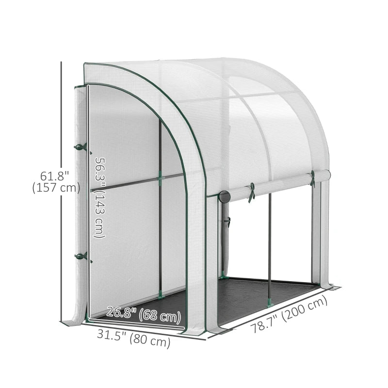 Walk-in Lean-to Greenhouse, Outdoor Gardening Green House with Zipper Roll-up Doors and Window, 7' x 3' x 5', White