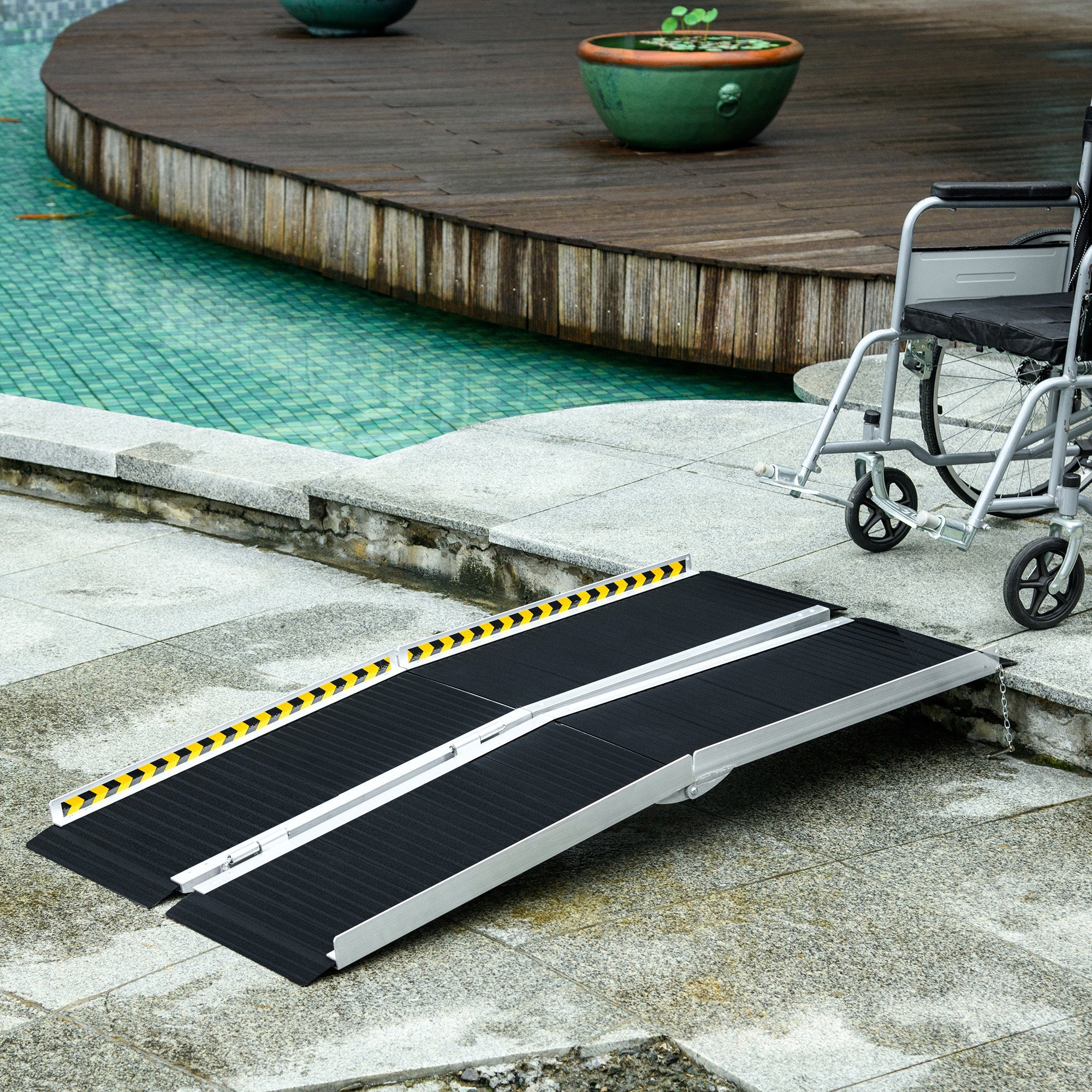 HOMCOM Folding Wheelchair Ramp 5ft Non-Skid Aluminum Threshold Ramp with Transition Plates 600 Pound Capacity Black