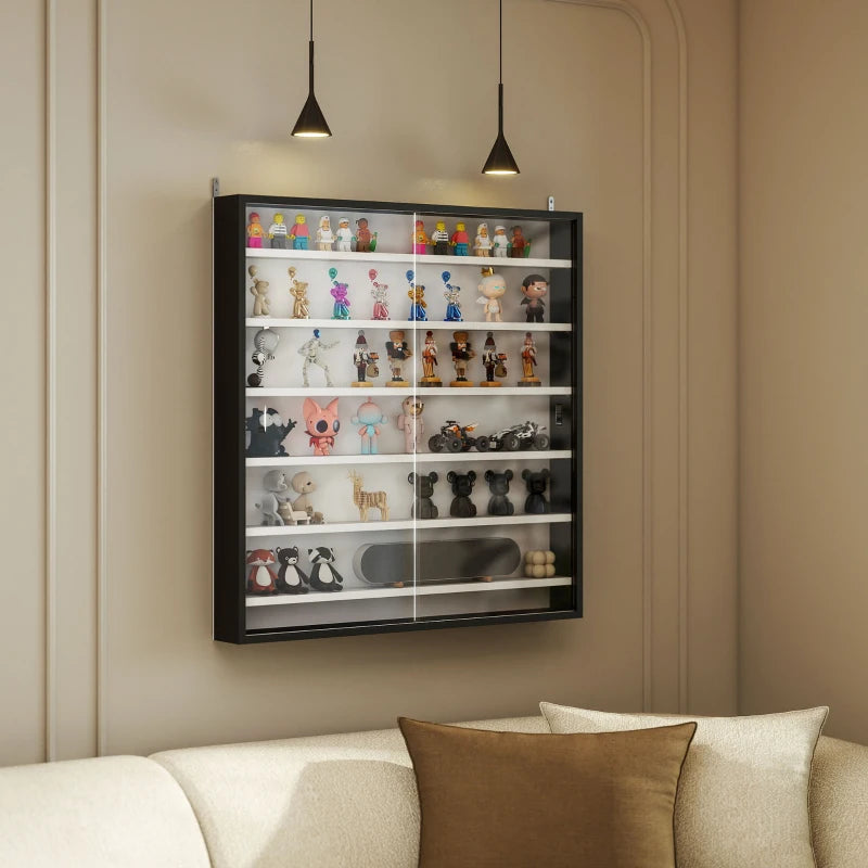 7-Tier Display Cabinet, Shot Glass Display Case, Glass Curio Cabinet with Glass Doors, Black and White