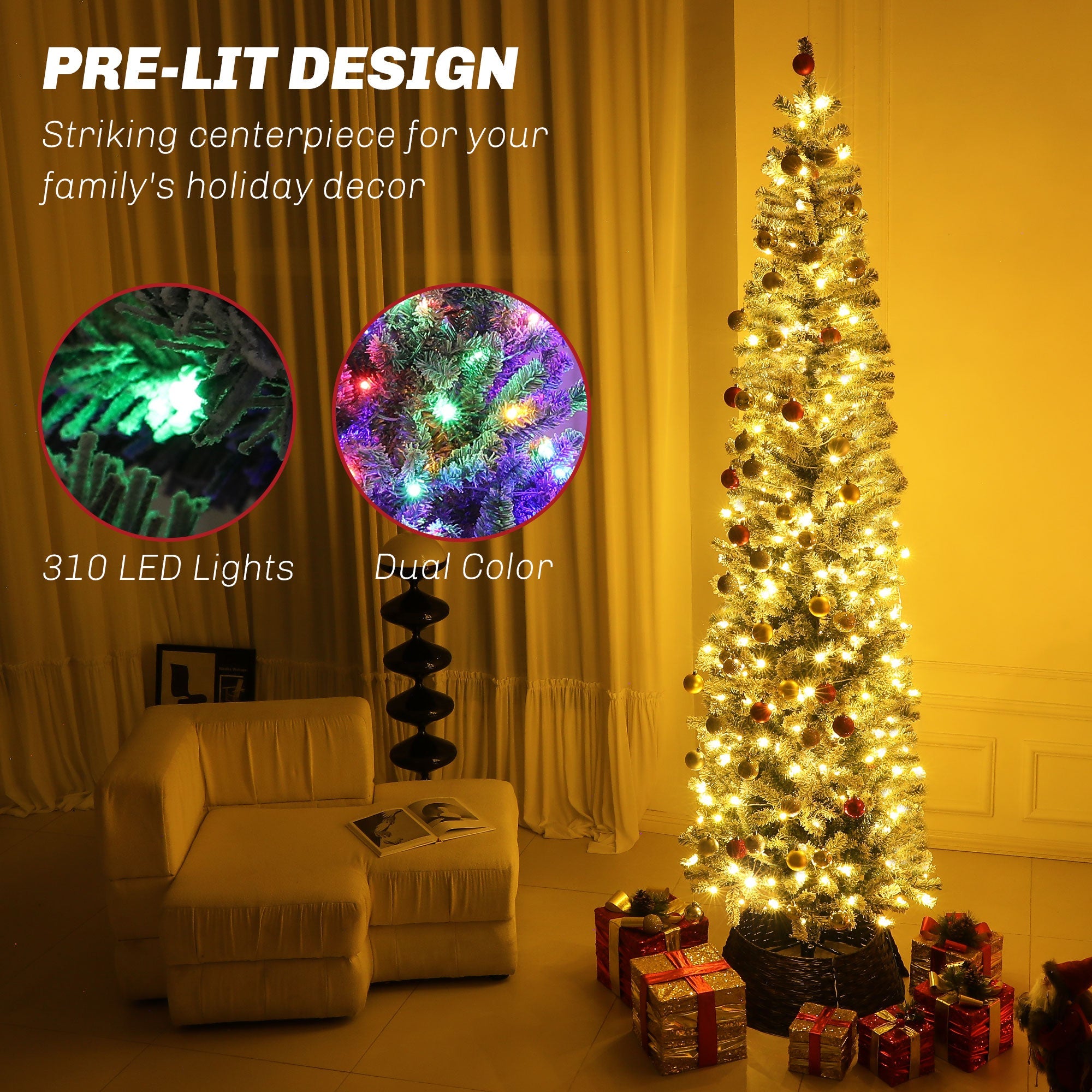 HOMCOM 9ft Prelit Pencil Artificial Christmas Tree, Flocked Xmas Tree with Dual Colour LED Lights, 895 Tips and Metal Stand