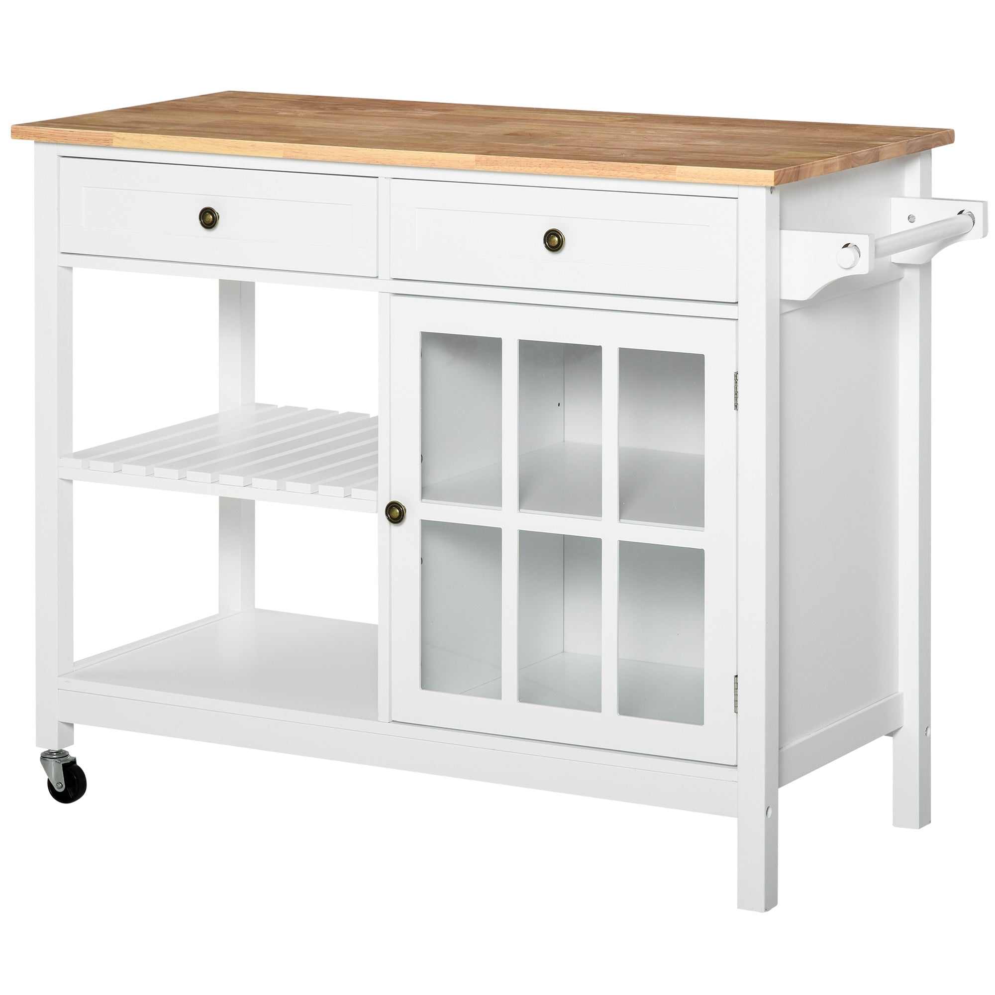 HOMCOM White Kitchen Utility Cart: Rolling Island with Rubber Wood Top, Towel Rack, Cabinets & Drawer Storage