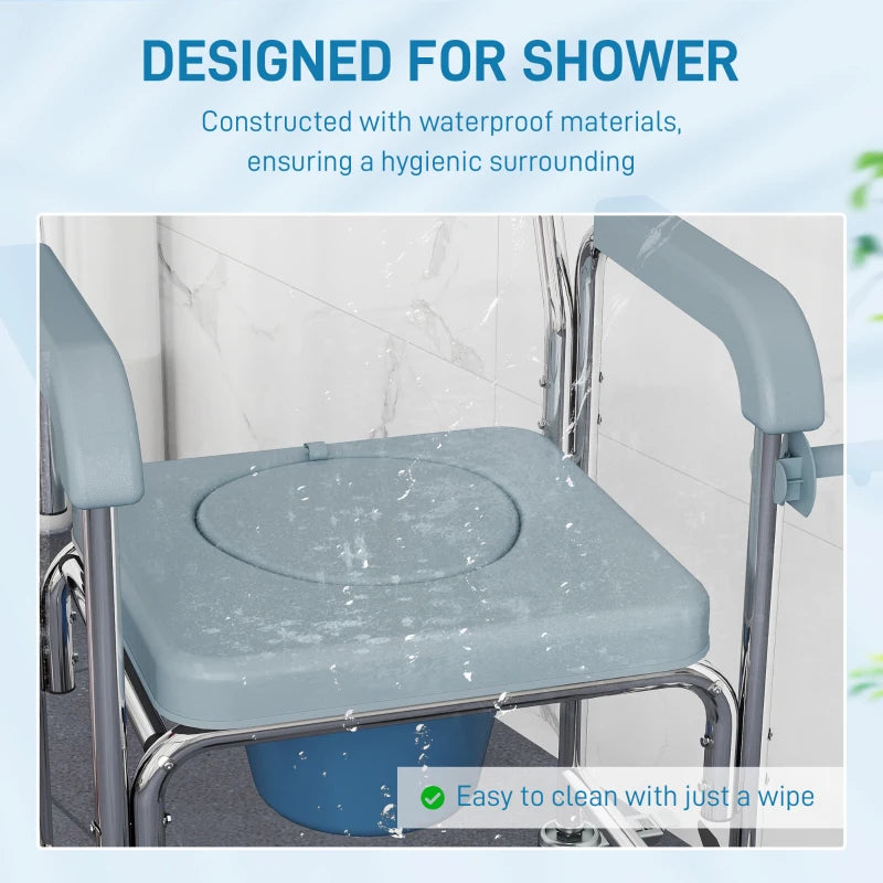 Rolling Shower Chair, Bedside Commode Chair with Wheels, Backrest, Arms, Flip Footrests for Seniors, Disabled, Grey