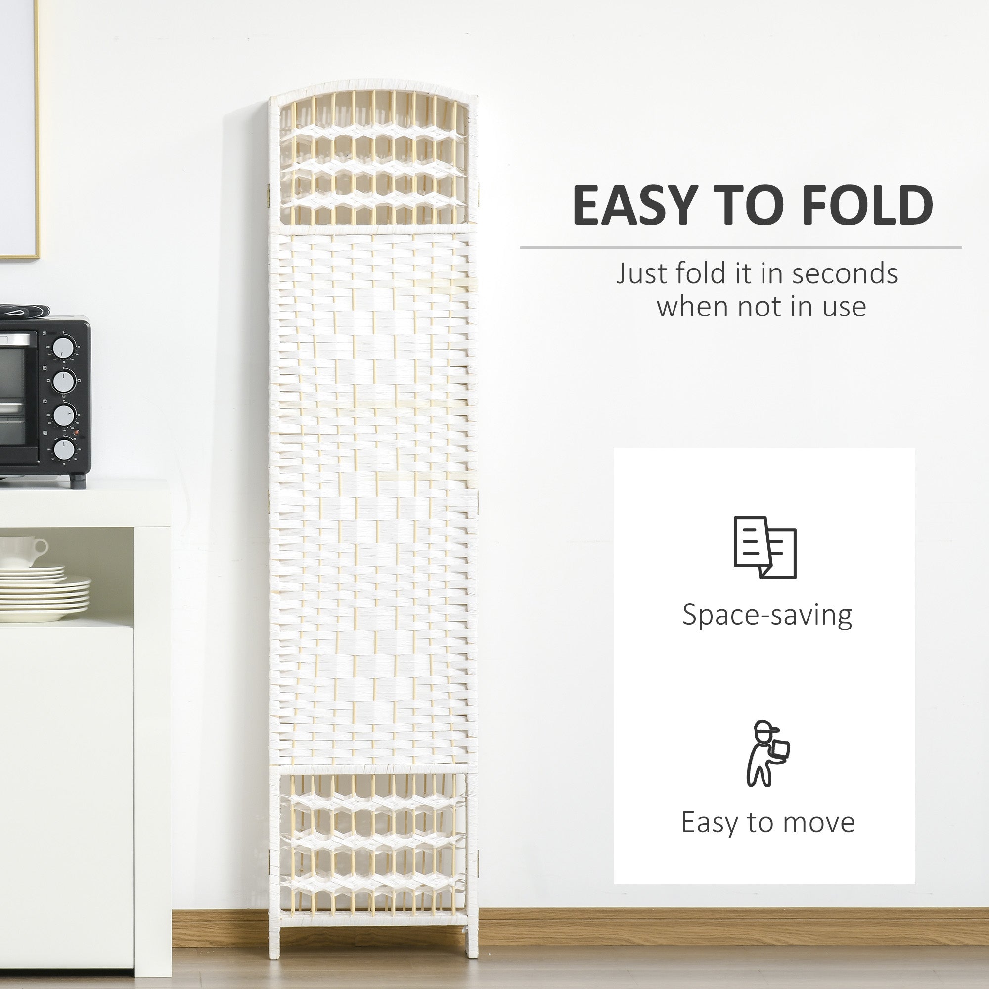 HOMCOM Woven Wonderland: 6-Panel 5.6FT Tall Freestanding Folding Screen, Woven Fiber Room Divider for Living Room, Bedroom, White