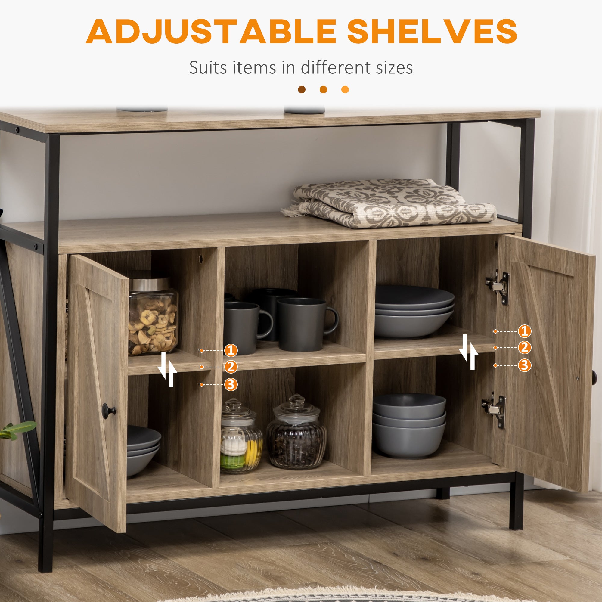 HOMCOM Industrial Chic: Buffet Sideboard Coffee Bar Table with Stemware Rack, Adjustable Shelves for Living Room