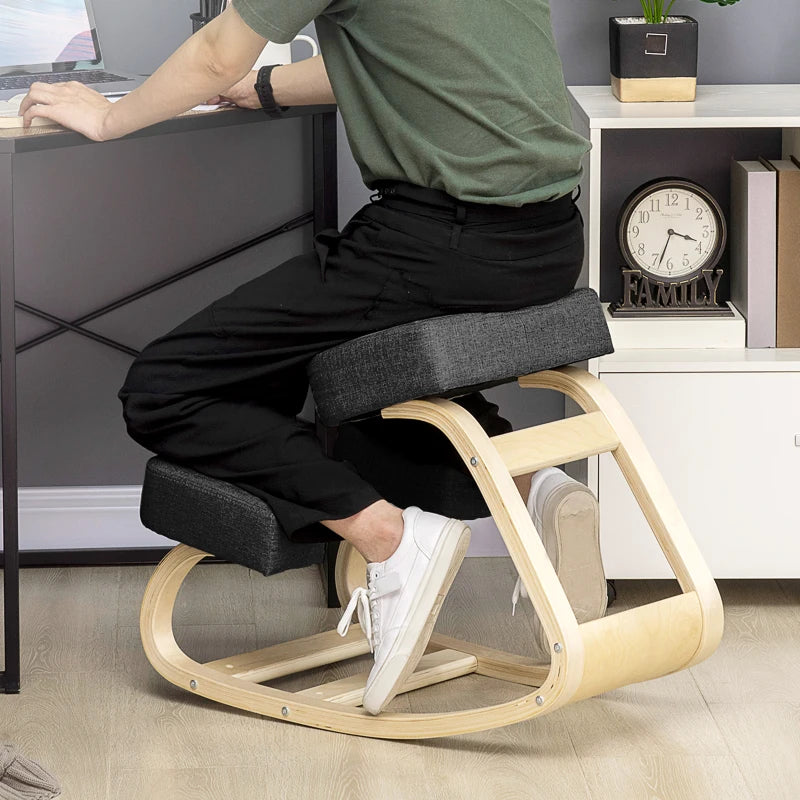 Ergonomic Kneeling Chair, Wood Kneel Stool with Thick Pads, Desk Knee Chair, Improve Posture, Black