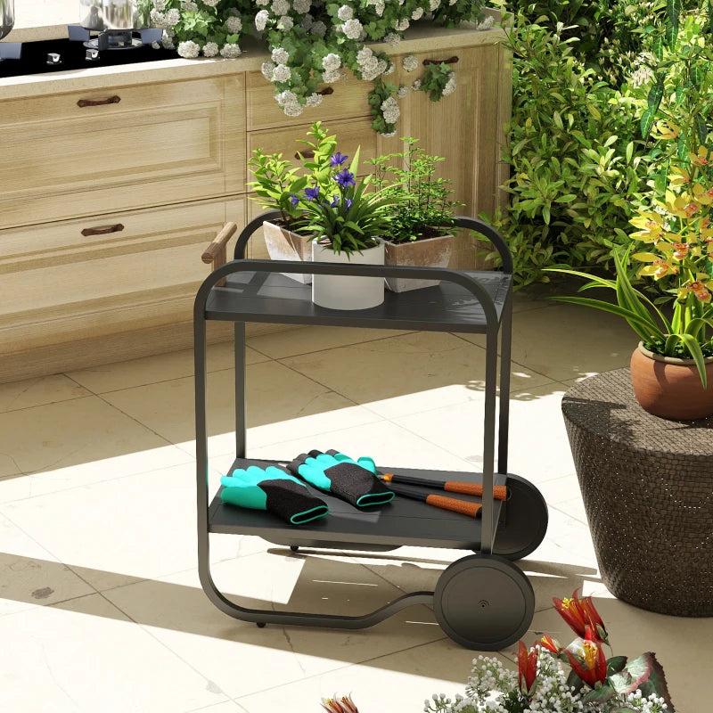 Outdoor Grill Cart with Storage, 2-Tier Bar Cart on Wheels with Side Handle, Steel Frame for Indoor Outdoor, Black