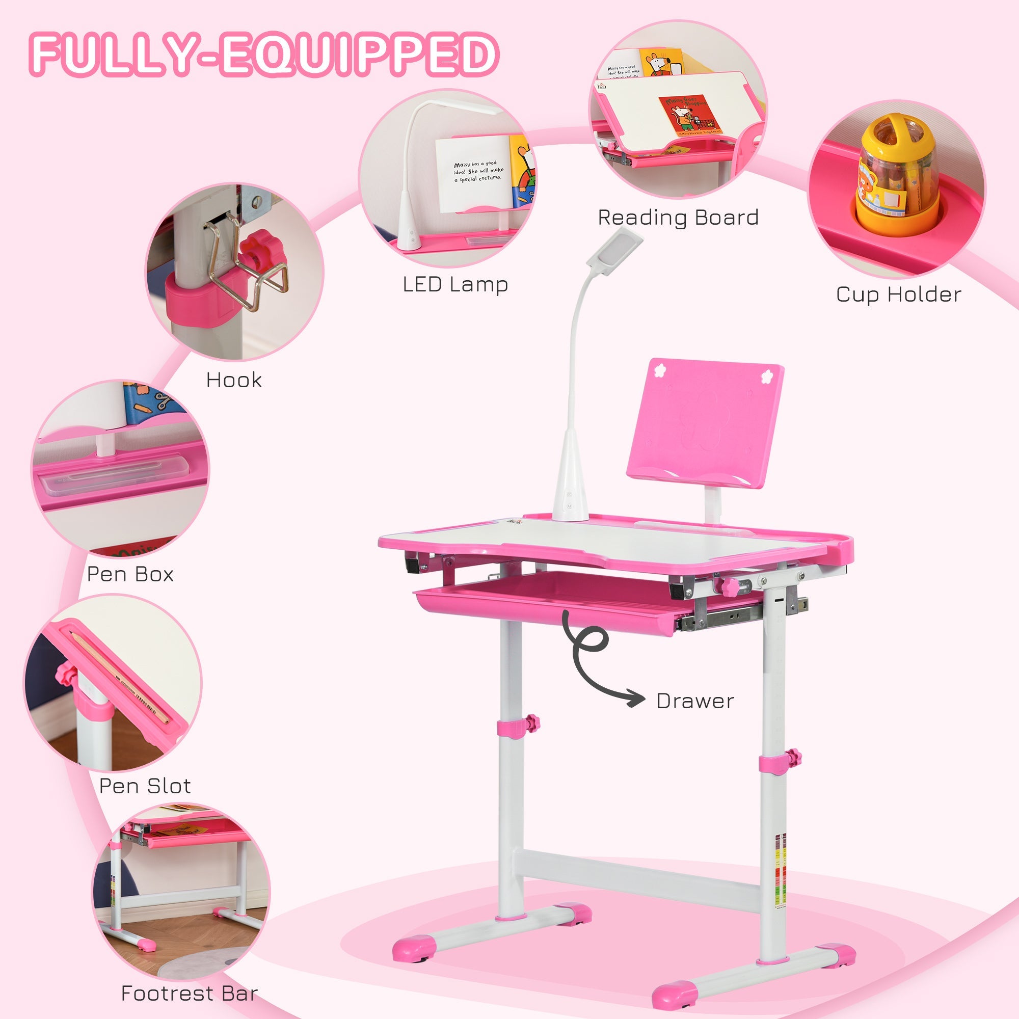 Qaba Adjustable Kids Desk Chair Set with Tilt Desktop LED Lamp Pink for Student Study Comfort