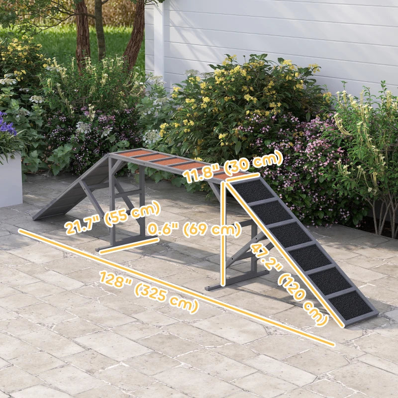 Dog Agility Equipment Ramp with Safety Bar, Non-slip Surface, for Walk and Pause Training, Gray