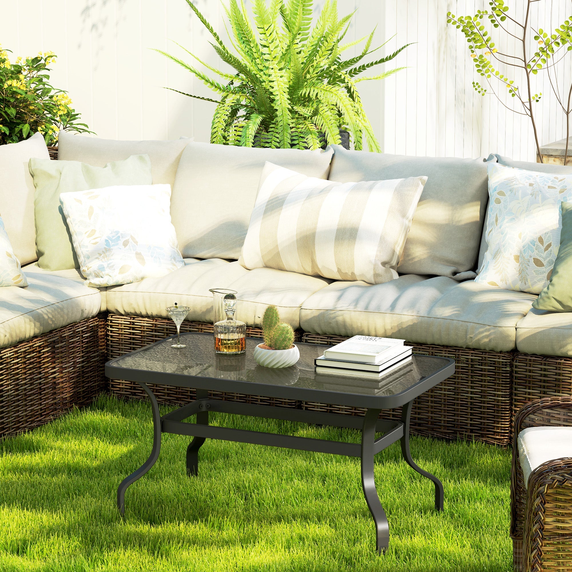 Outsunny 37" Patio Coffee Table with Tempered Glass Top, Outdoor Coffee Table with Metal Frame, Black