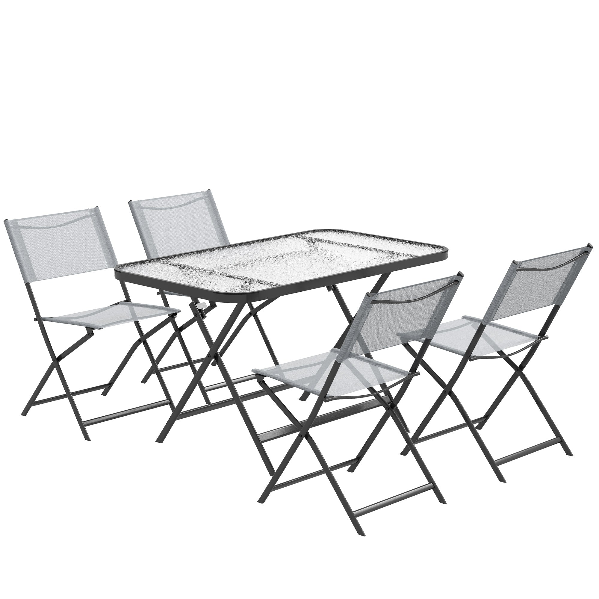 Outsunny Patio Dining Set 5 Pieces Foldable Table and Chairs Glass Top Rectangle Table Stackable Chairs Grey