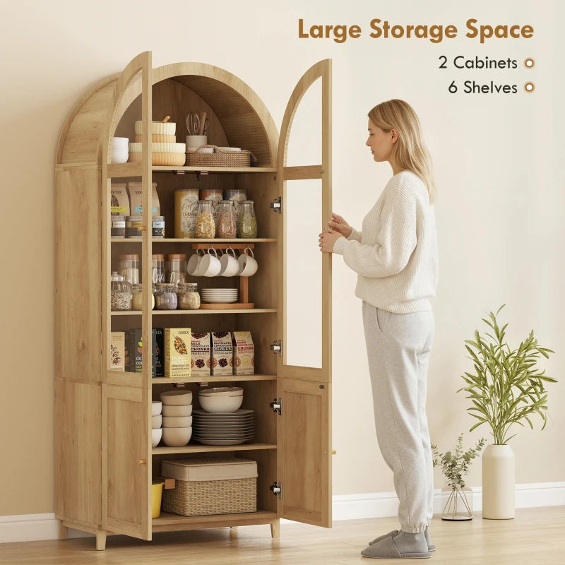 Arched Kitchen Pantry Cabinet, 71" Tall Farmhouse Kitchen Storage Cabinet with Acrylic Glass Doors, Oak