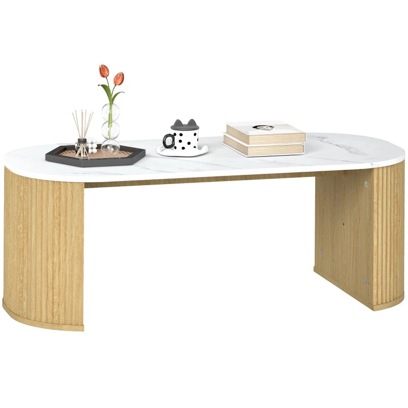 Coffee Table, Modern Marble-Effect Living Room Table with Round Corners and Thicken Legs, Natural Wood
