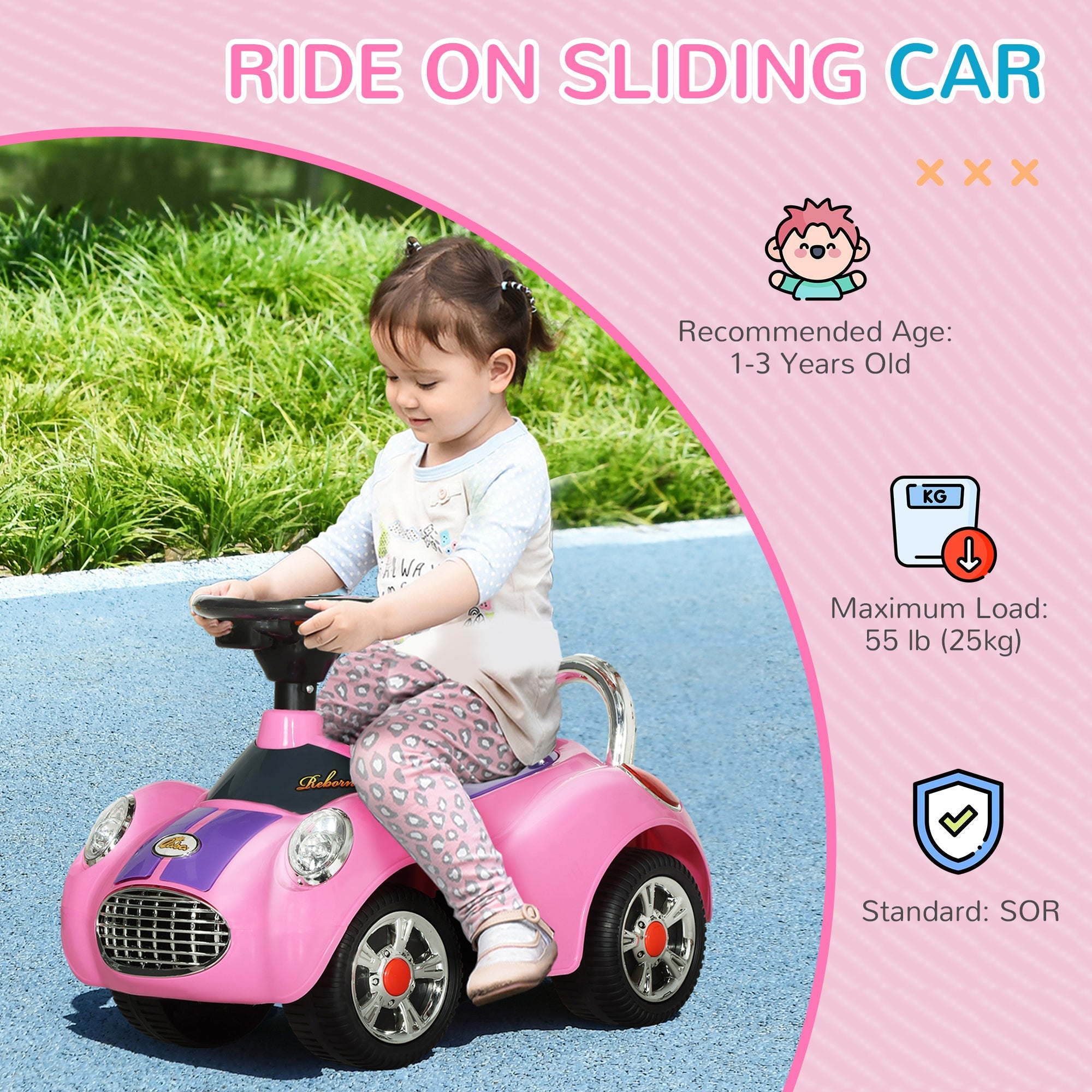 Qaba Baby Push Car for 1-3 Years with Music, Horn, Light, Pink