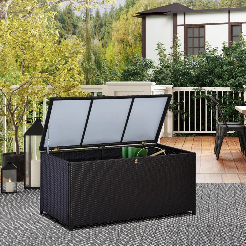Wicker Outdoor Storage Box, 75 Gallon Deck Box with Gas Strut and Clamp Lid, Rattan Patio Storage Container for Gardening Tools, Pool Supplies, Dark Brown