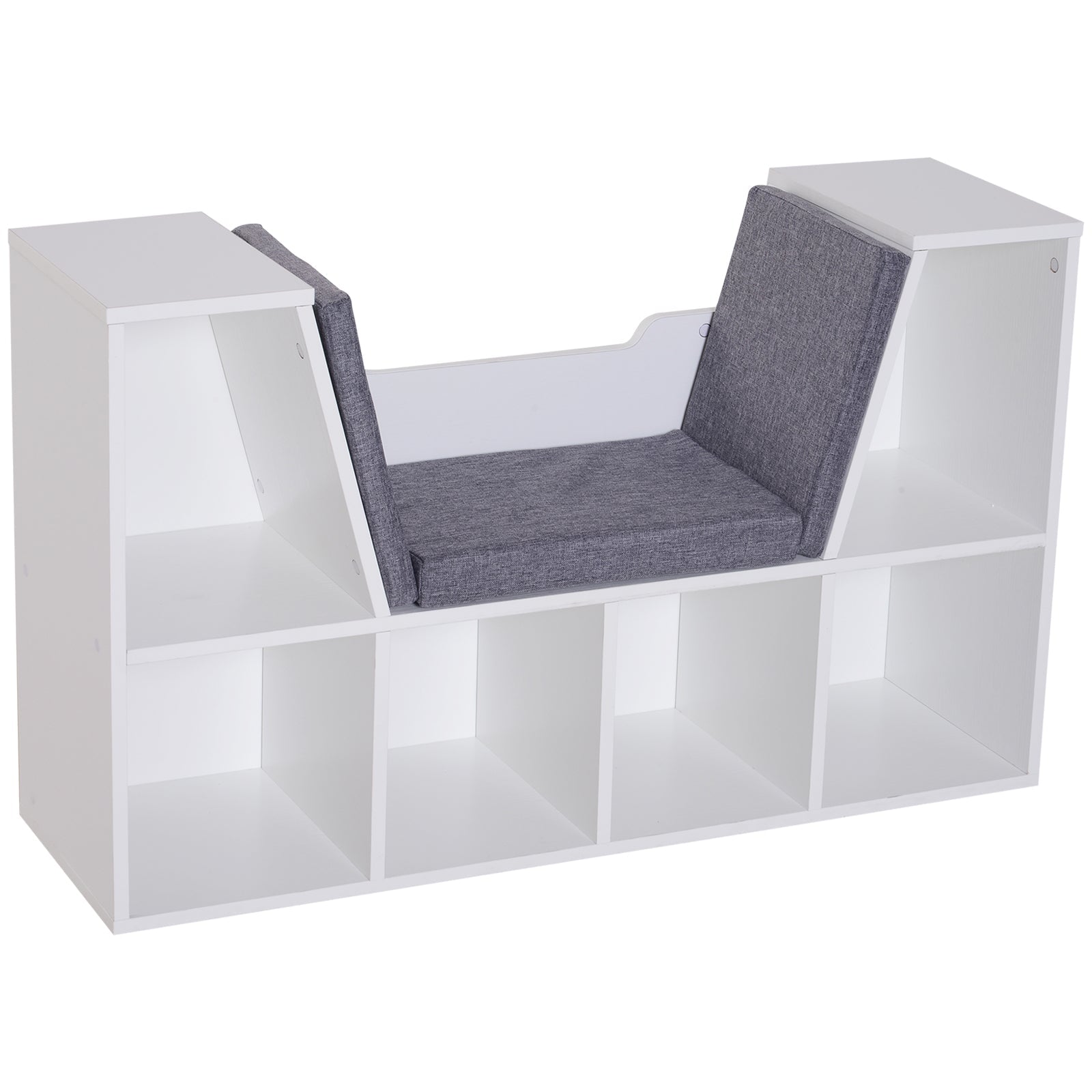 HOMCOM Kiddie Cubby Charm: 6-Cubby Bookcase with Cushioned Reading Nook, Storage Organizer Cabinet Shelf in White & Grey