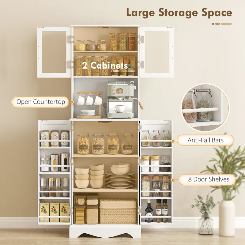 71" Kitchen Pantry Cabinet, Freestanding Kitchen Hutch with 8 Door Shelves, Adjustable Shelf and Acrylic Doors, White
