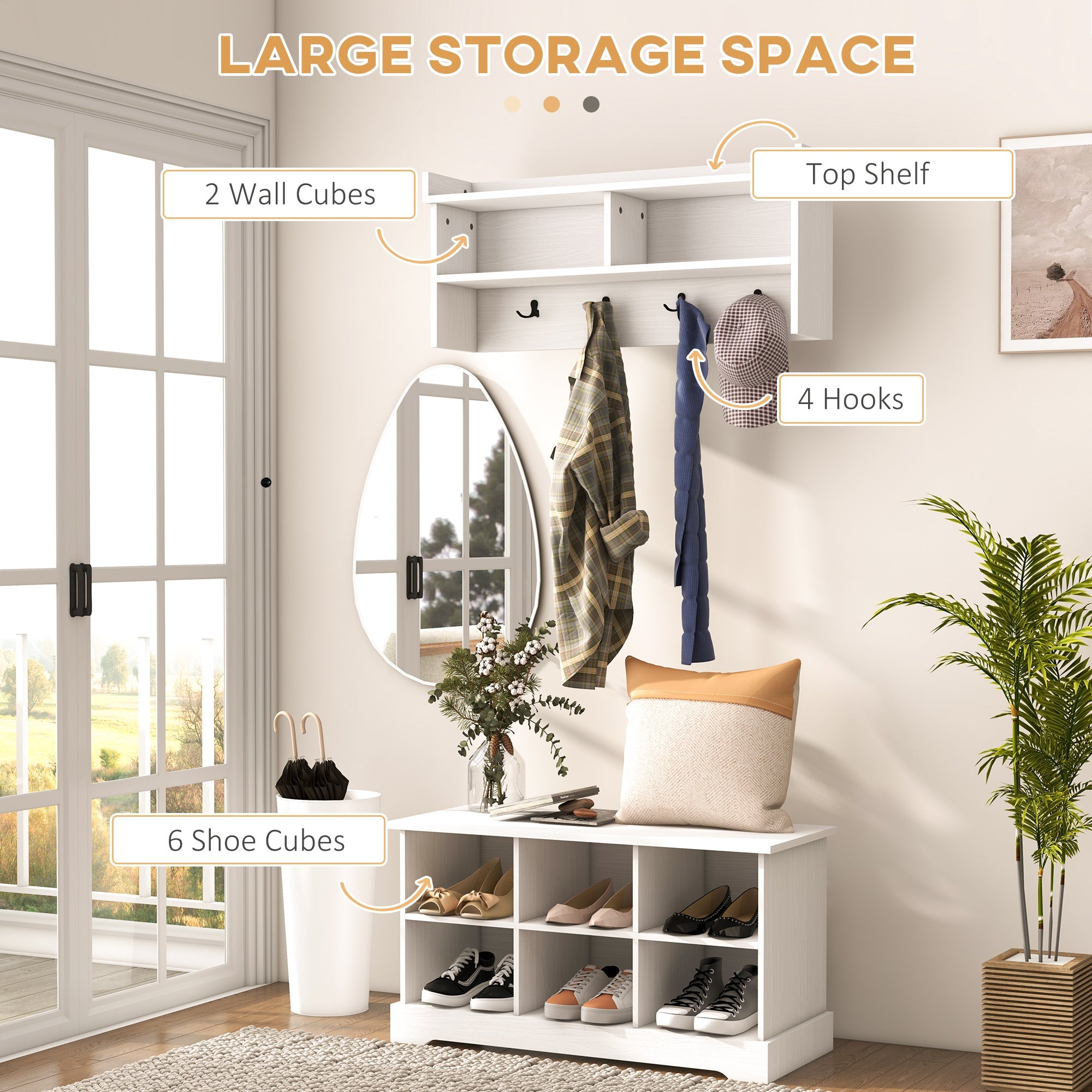 HOMCOM Coat Rack Shoe Bench Set Entryway 8 Cubbies 4 Hooks Hallway Living Room Bedroom White