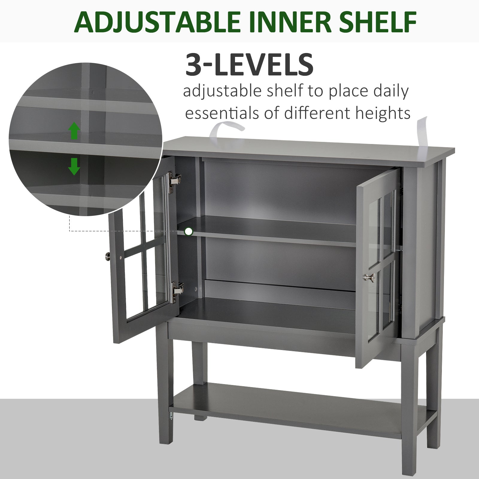 HOMCOM Contemporary Buffet Console: Modern Sideboard Bar Cabinet with Glass Doors, Kitchen Dining Room Furniture, Dark Grey