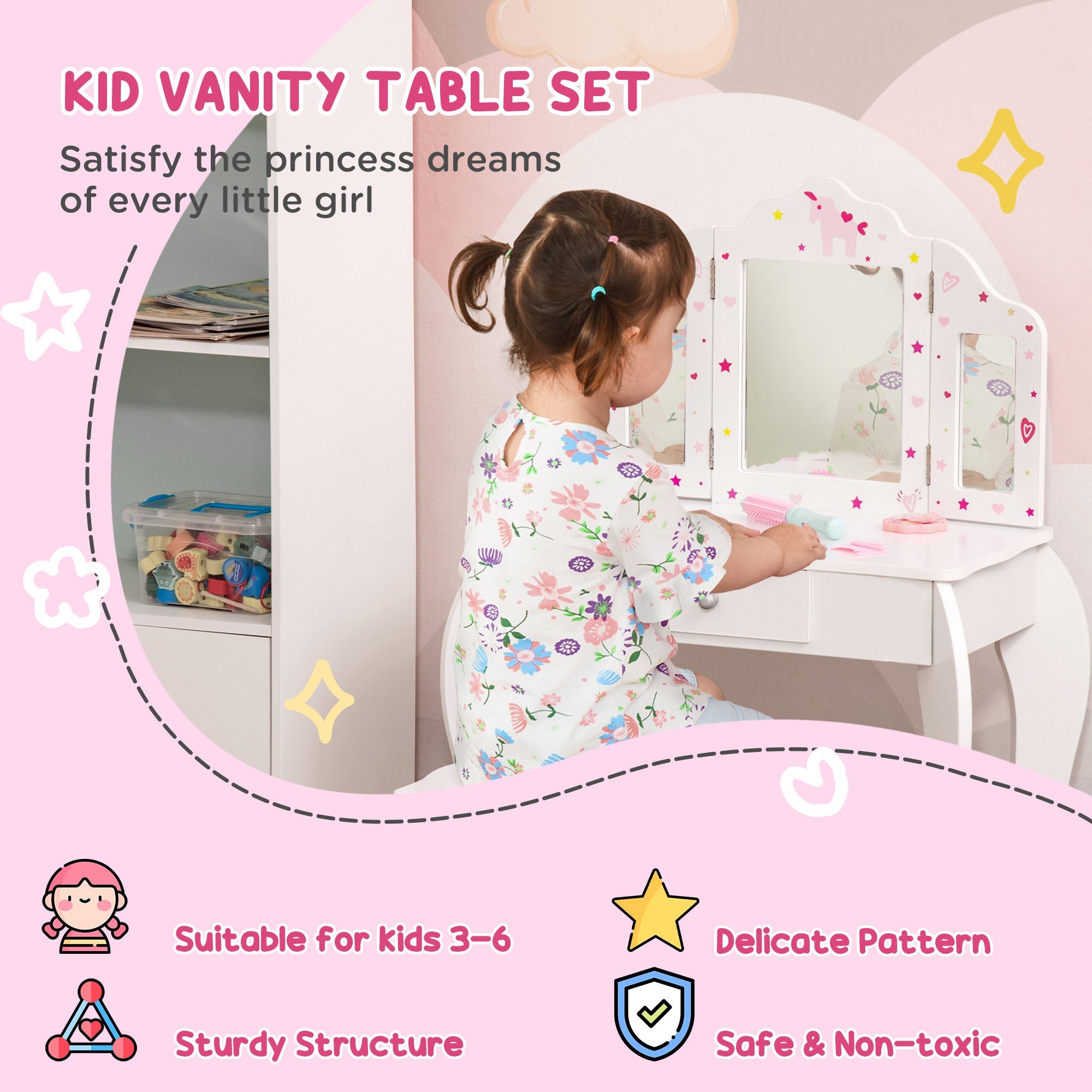 Qaba Girls Vanity Set Stool Dressing Table Tri-Fold Mirror Drawer Star Heart Design Makeup Desk White