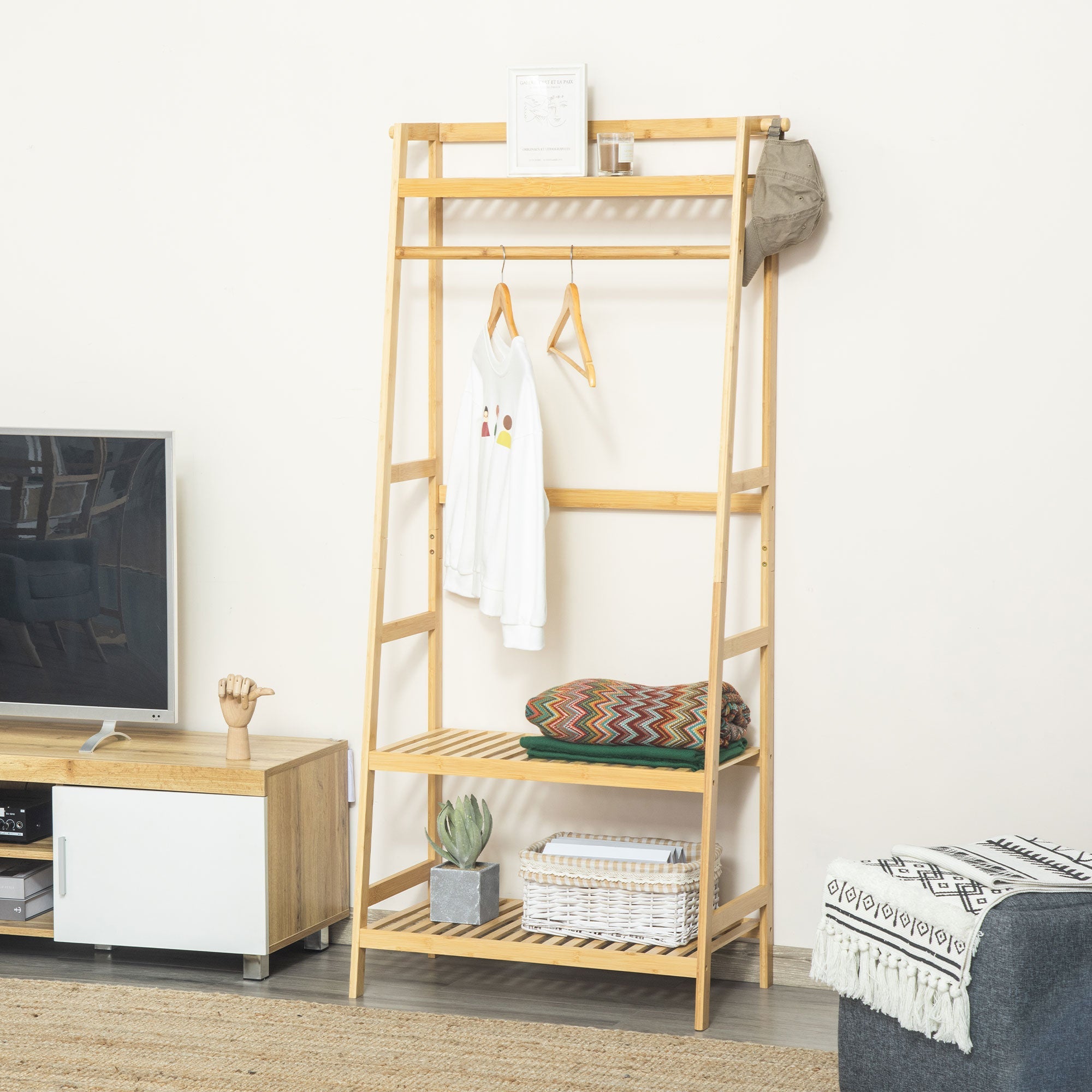 HOMCOM Freestanding Bamboo Garment Rack with 3 Tier Storage Shelves Hooks Hanging Rail for Clothes Natural