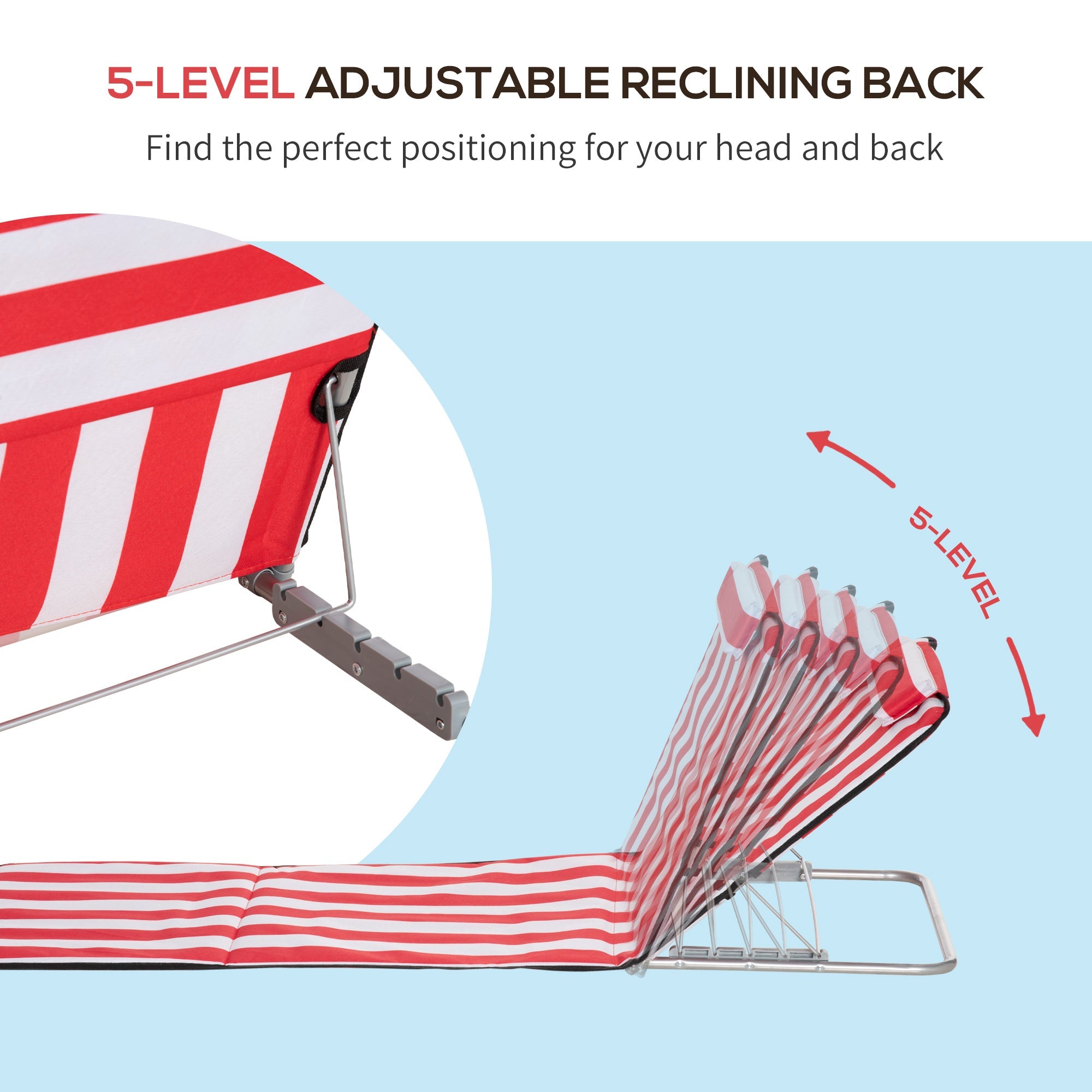 Outsunny Beach Mat Set of 2 Padded Folding Red White Adjustable Back Steel Frame Head Pillow