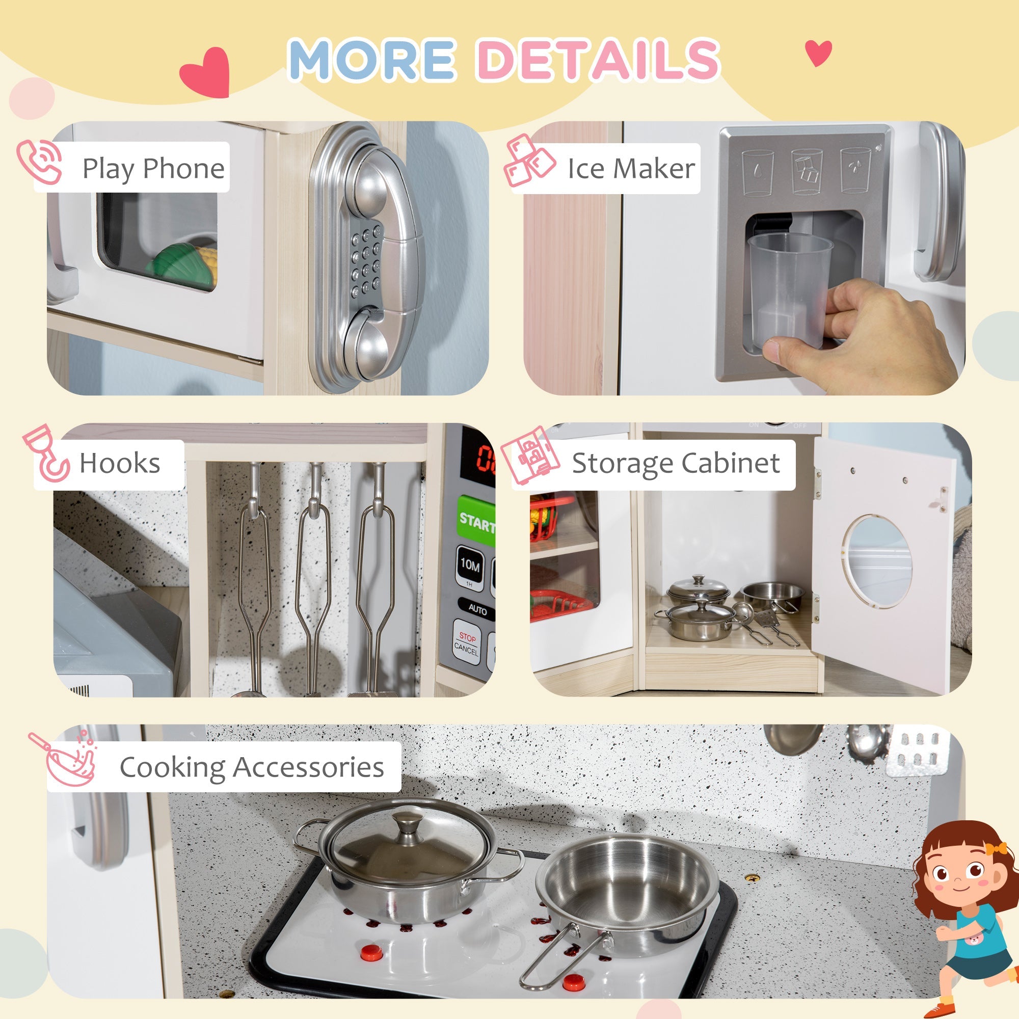 Qaba Deluxe Wooden Kitchen Playset for Kids - Interactive Corner Design with Lights, Sounds, Play Phone, Ice Maker, and More