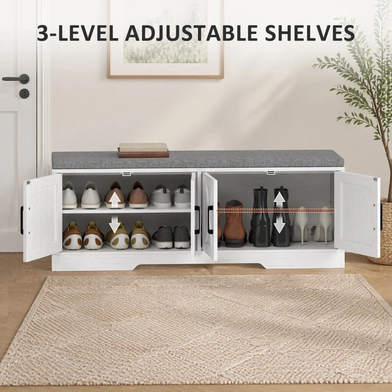 HOMCOM Farmhouse Shoe Storage Bench with Cushion, Entryway Bench with Adjustable Shelves & Cabinet Doors, White