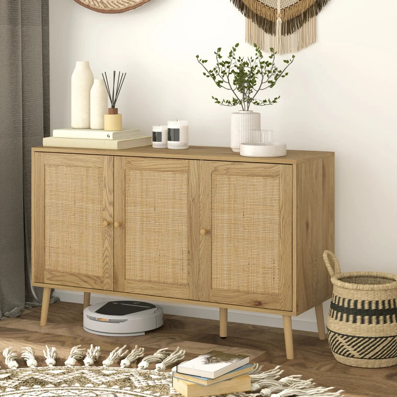 Bohemian Sideboard with Rattan Doors & Adjustable Shelf, Natural Wood Finish