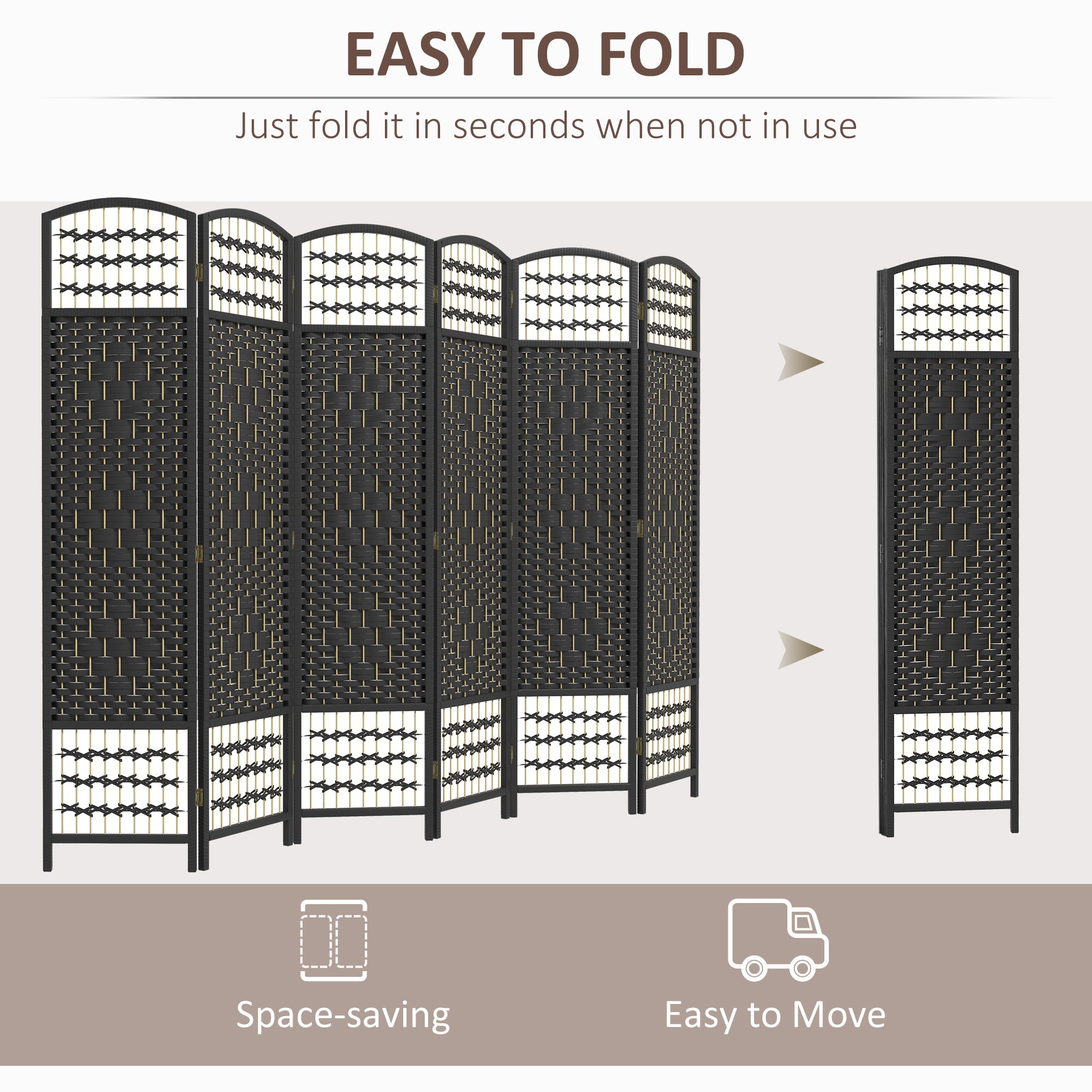 HOMCOM Stylish Wave Room Divider Screen: 6-Panel Folding Fiber Privacy Partition for Home & Office, Black