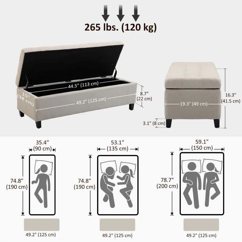 Rectangular Entry Bench, Tufted Upholstered Linen Fabric Wood Feet Storage Ottoman Bench, Beige
