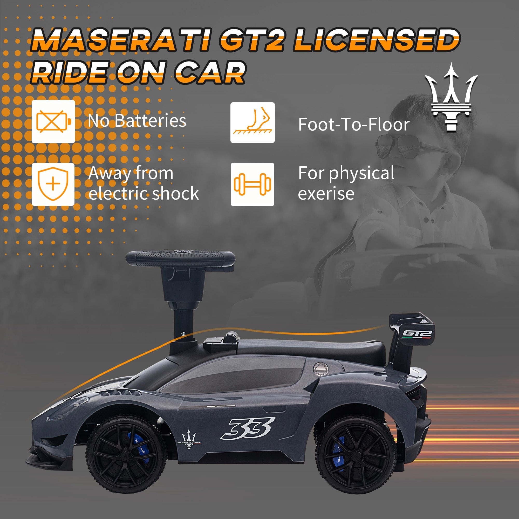Qaba Licensed Maserati GT2 Baby Sliding Car with Storage, Music, Horn, Foot to Floor Toddler Car for 18-60 Months, Grey