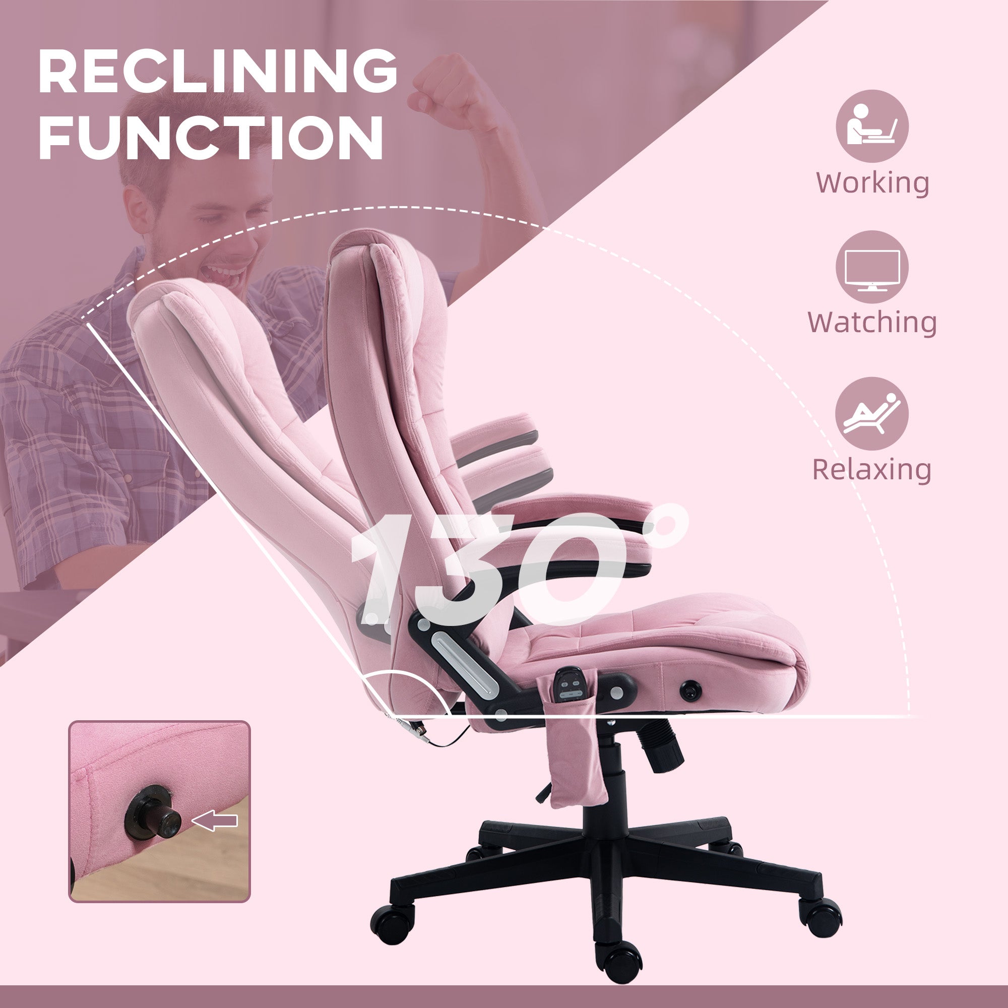 Vinsetto 6 Point Vibrating Massage Office Chair High Back Executive Chair with Reclining Back, Swivel Wheels, Pink