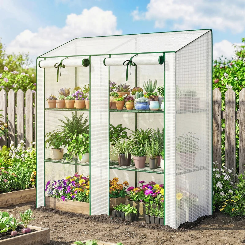 Portable Mini Greenhouse Green House with 3 Tier Shelves, Reinforced PE Cover, Roll-up Doors, 56.3"x18.1"x59.4", White