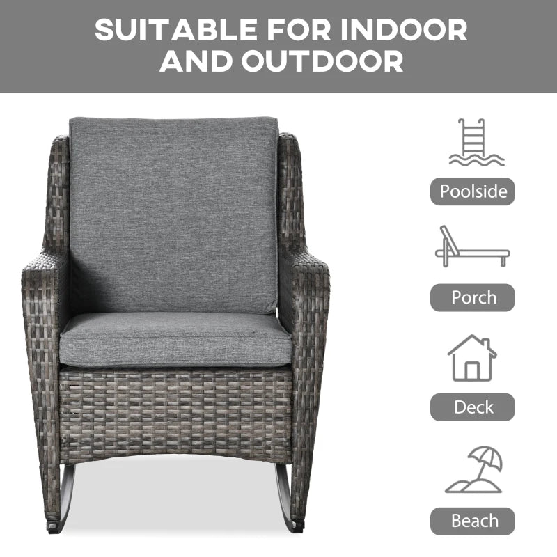 Outdoor Wicker Rocking Chair, PE Rattan Porch Rocker with Cushions, Grey
