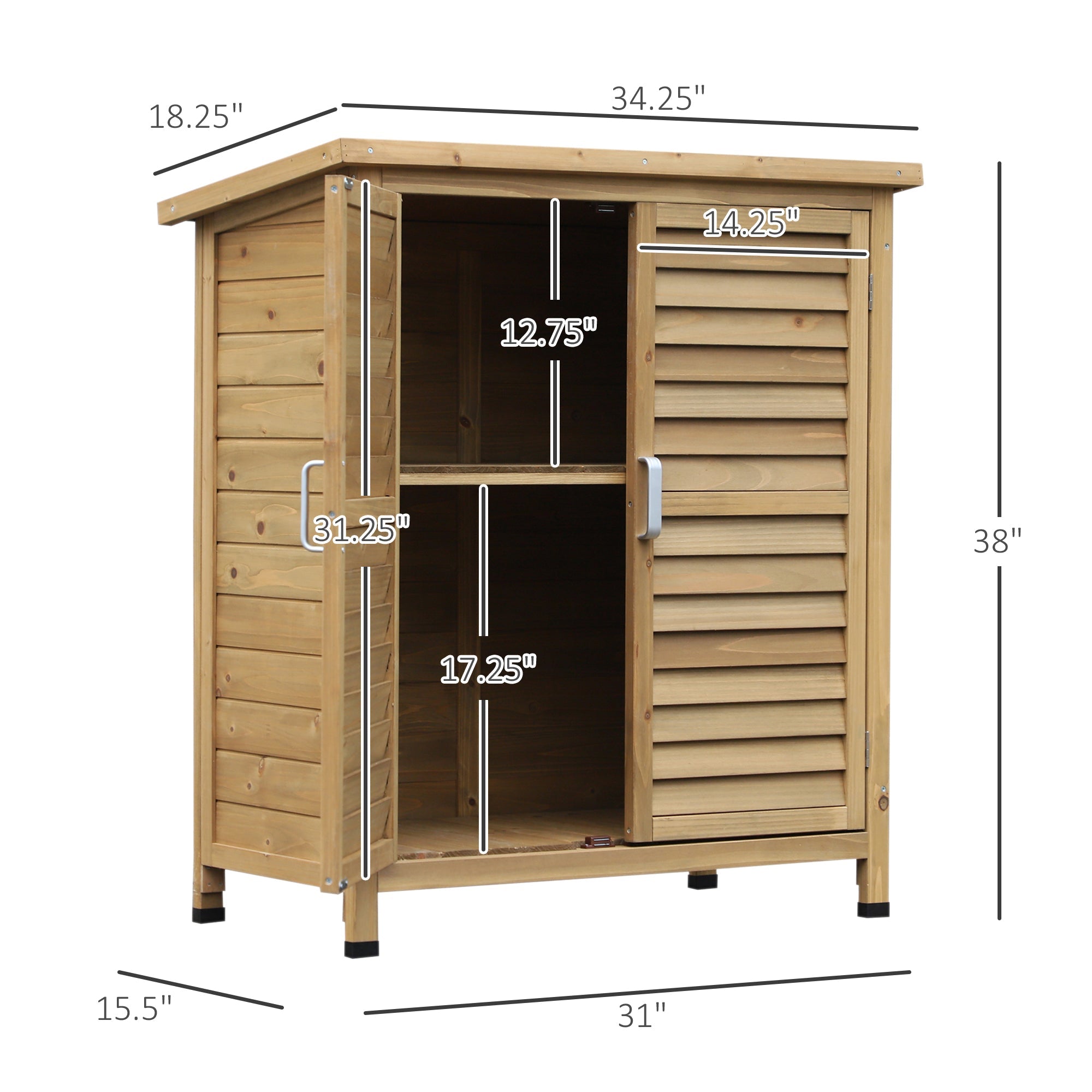Outsunny Solid Fir Wood Garden Shed - 2 Door Wooden Storage Cabinet for Tools, 34"x18"x38", Natural Finish