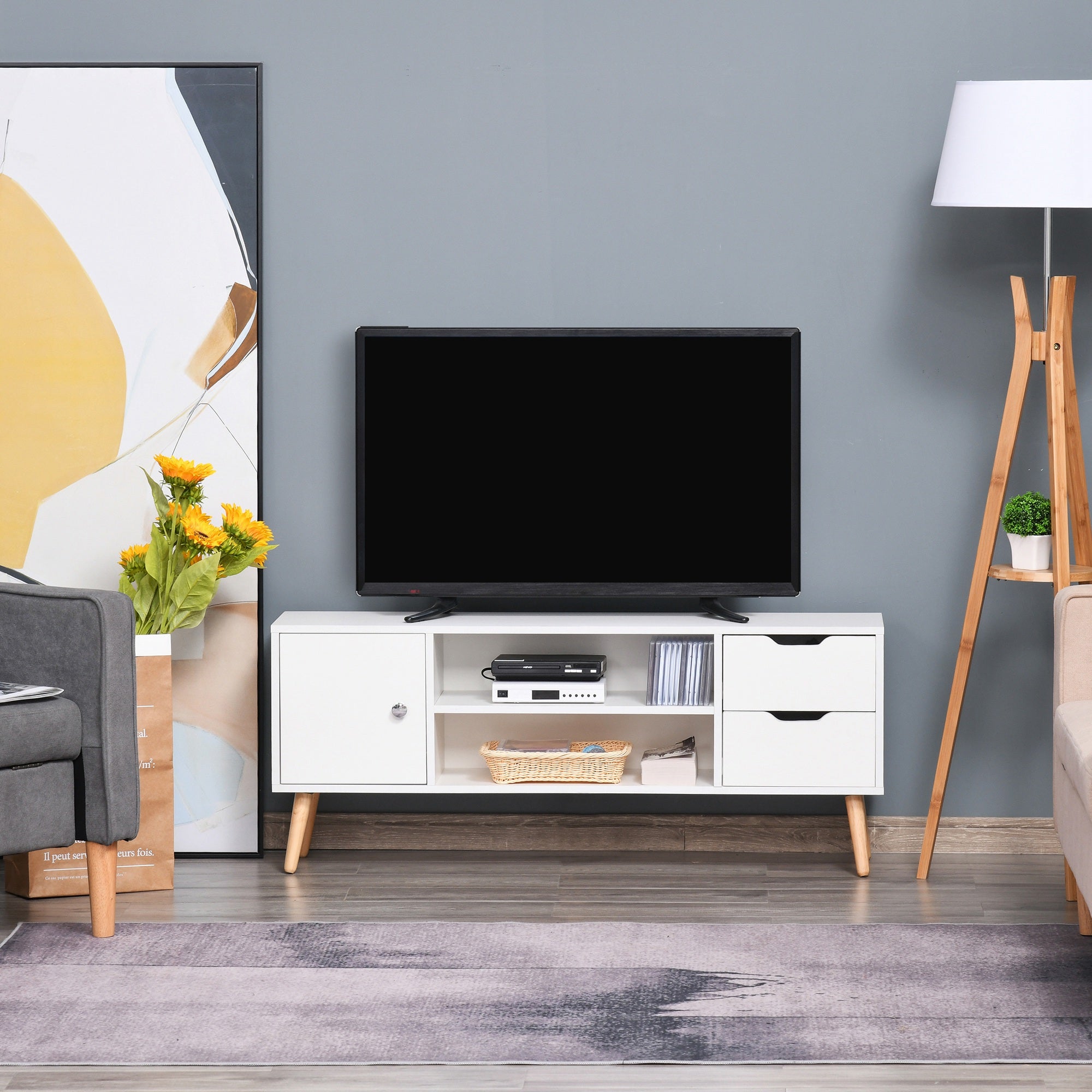 HOMCOM TV Cabinet: For up to 50" TVs, Shelves, Drawers, Cable Hole, White Entertainment Unit, Living Room