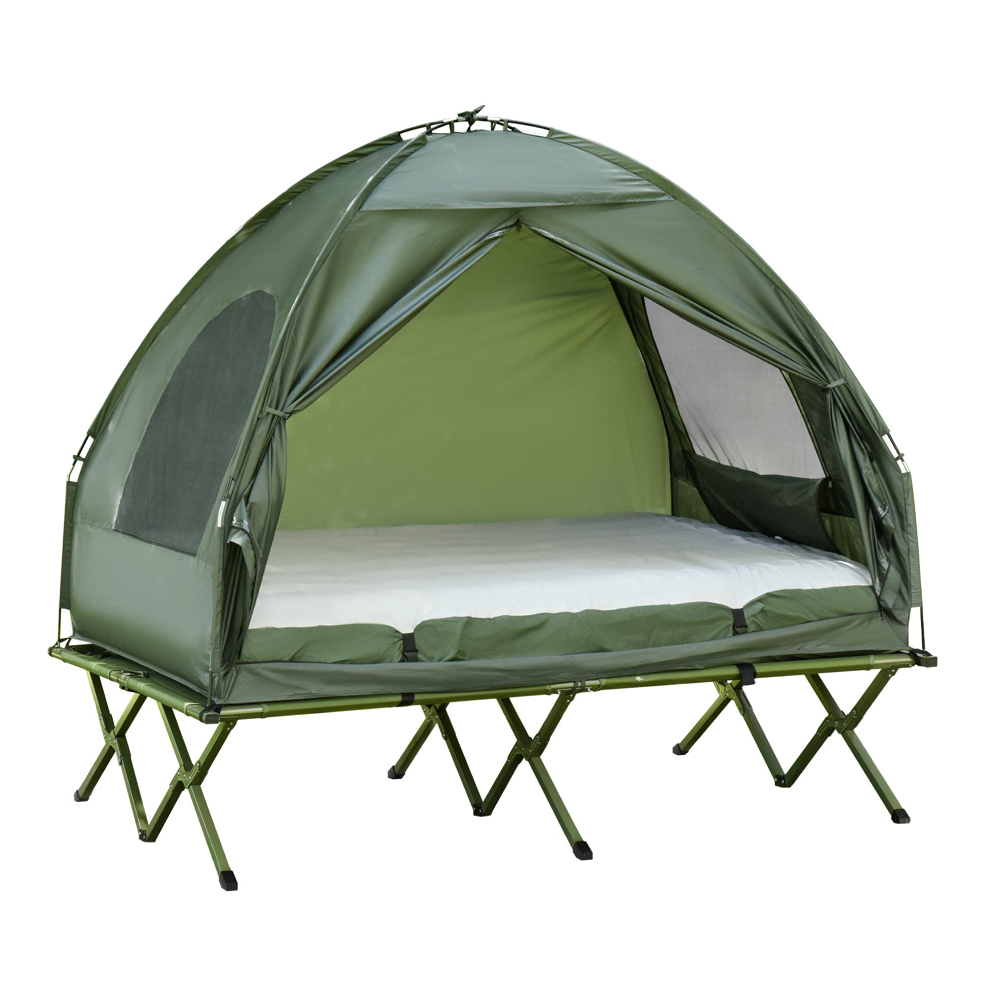Outsunny Camping Combo Set All in 1 Portable Folding Tent Cot Air Mattress Carry Bag Pump Sleeping Shelter Dark Green